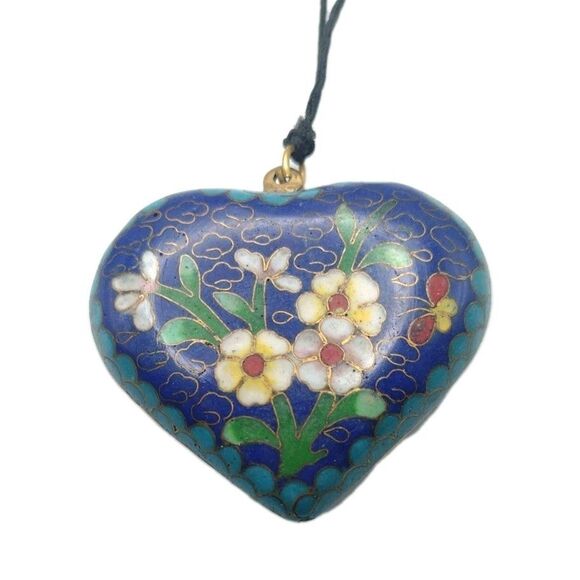 Antique Vintage Brass Enamel Cloisonne Heart Pendant Necklace 2" Statement 33.5g - Picture 1 of 10